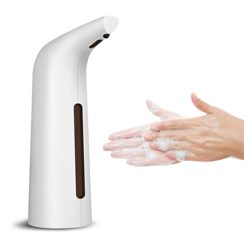 Touchless automatic induction soap dispenser in white with hands showing foamy soap.