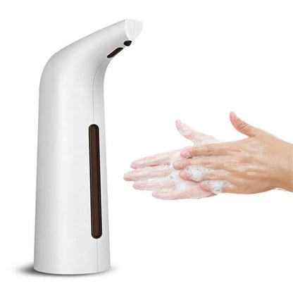 Touchless automatic induction soap dispenser in white with hands showing foamy soap.